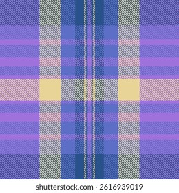 Decor texture background fabric, heritage plaid check seamless. Room textile tartan vector pattern in blue and violet colors palette.