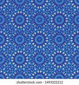 Decor tile texture print mosaic oriental pattern with blue ornament arabesque. Geometric blue and white ceramic design