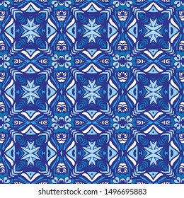Decor tile texture print mosaic oriental pattern with blue ornament arabesque. Geometric blue and white azulejo ceramic design