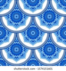 Decor tile texture print mosaic oriental pattern with blue ornament arabesque. Geometric blue and white ceramic design in asian style