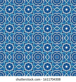 Decor tile texture print mosaic oriental pattern with blue ornament arabesque. Geometric blue and white ceramic design