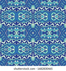 Decor tile texture print mosaic oriental pattern with blue ornament arabesque. Geometric blue and white ceramic design