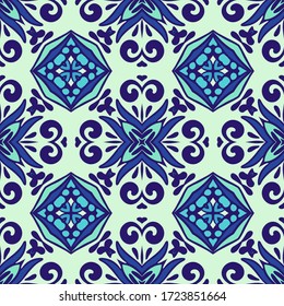 Decor tile texture print mosaic oriental pattern with blue ornament arabesque. Geometric blue and white ceramic design
