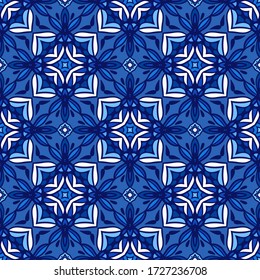 Decor tile texture print mosaic oriental pattern with blue ornament arabesque. Geometric blue and white modern design textile print