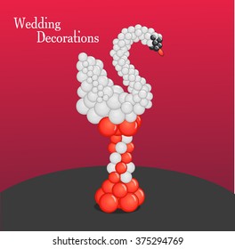 Decor for wedding balloon in the shape of a Swan and visualization example, event design red and siver balloon