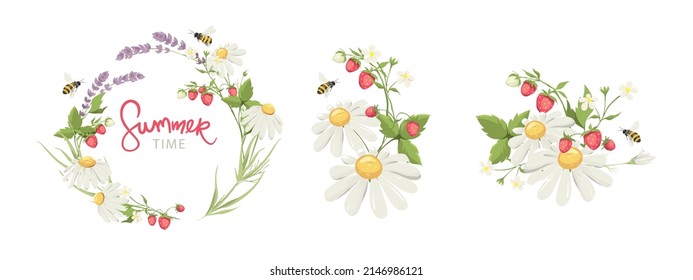 Decor for Wedding invitation with lavender, chamomile, strawberry and bees. Set vector design elements on the theme of flowering and summer.	