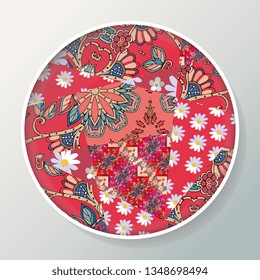 Decoraitve plate with patchwork ornament. Bright summer design.