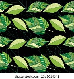 Decorarated green leaves with circles and lines  repeating in rows over black background