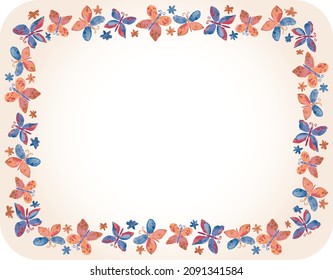 Decorarive greeting card with frame from watercolor drawings colorful butterflies and daisies