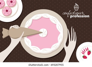 ?onfectioner decorate cake. Top view illustration