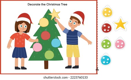 Decorate the Christmas tree cut and glue activity page for kids. Cut the toys and match them by color. Educational game for children. Sensory activity template. Vector illustration