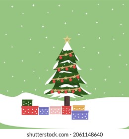 Decorate the Christmas tree with gift boxes, stars, decoration balls. Illustration snowfall. Merry Christmas and Happy New Year. Flat style vector illustration