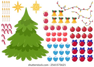 Decorate the Christmas tree. Christmas tree and set of toys and decorations.