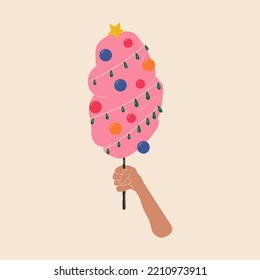 Decorate cotton candy with Christmas ornaments. Vector