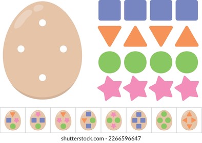 Decorate easter egg according to the template. Educational game for kids with easter egg. Cute cartoon easter egg. Vector illustration.