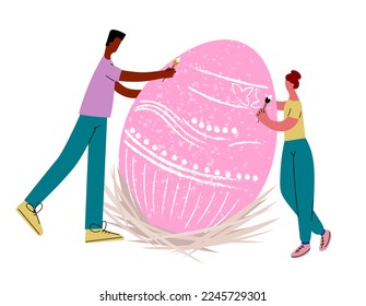 Сouple decorate Easter egg. Happy Easter illustration. Two people are preparing for the Easter holidays
