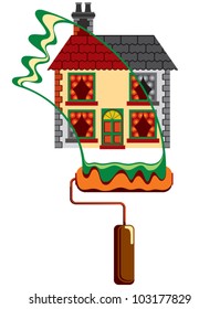 Decorate. A paint roller adding color to a grey house.