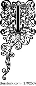 A decorate piece of T oriented design, vintage line drawing or engraving illustration.