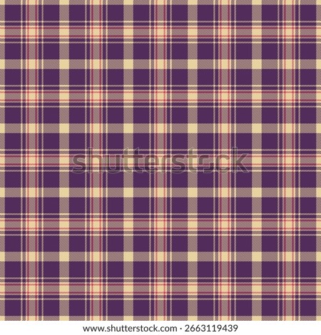 Decorate plaid check pattern, formal background vector seamless. Show fabric tartan texture textile in amber and purple colors palette.