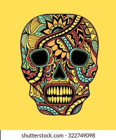 Decorate Skull painted ornament full colors on yellow for tattoo  or for decorated clothes or party of Halloween or different things