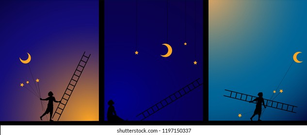 decorate the sky, work in theater, image story, e,  boy fix  the star and moon with ladder, work on the heavens, dream, shadows