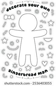 Decorate your own gingerbread man vector line drawing illustration