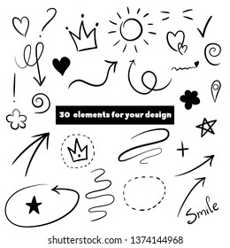 Decorate your texts and photos with hand drawn elements.Swoops, emphasis doodles. Highlight text elements, calligraphy swirl, tail, flower, heart, graffiti, and crown.