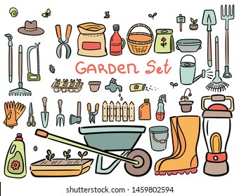 Decorate your texts and photos with hand drawn Vector elements. Doodle set of gardening items. Cartoon symbols. Sketch elements collection: shovel, fork, rake, hoe, truck, boots, gloves and other.