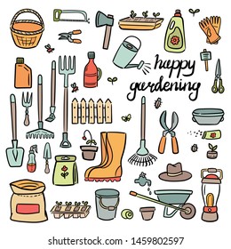 Decorate your texts and photos with hand drawn Vector elements. Doodle set of gardening items. Cartoon symbols. Sketch elements collection: shovel, fork, rake, hoe, truck, boots, gloves and other.