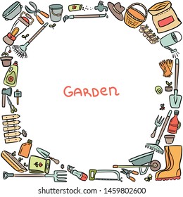 Decorate your texts and photos with hand drawn Vector elements. Doodle set of gardening items. Cartoon symbols. Sketch elements collection: shovel, fork, rake, hoe, truck, boots, gloves and other.