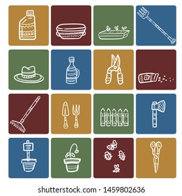 Decorate your texts and photos with hand drawn Vector elements. Doodle set of gardening items. Cartoon symbols. Sketch elements collection: shovel, fork, rake, hoe, truck, boots, gloves and other.