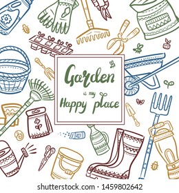 Decorate your texts and photos with hand drawn Vector elements. Doodle set of gardening items. Cartoon symbols. Sketch elements collection: shovel, fork, rake, hoe, truck, boots, gloves and other.