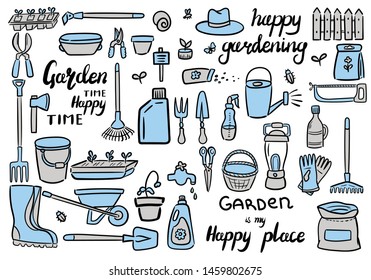 Decorate your texts and photos with hand drawn Vector elements. Doodle set of gardening items. Cartoon symbols. Sketch elements collection: shovel, fork, rake, hoe, truck, boots, gloves and other.