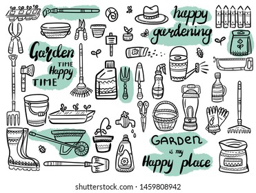 Decorate your texts and photos with hand drawn Vector elements. Doodle set of gardening items. Cartoon symbols. Sketch elements collection: shovel, fork, rake, hoe, truck, boots, gloves and other.