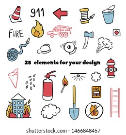 Decorate your texts   photos and hand drawn Vector elements  Firefighting hand drawn doodle vector illustration  Firefighter Freehand Doodle  Extinguisher   Equipment Hand Drawn Elements Set