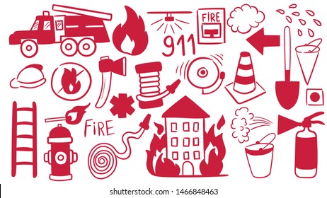 Decorate your texts and photos with hand drawn Vector elements. Firefighting hand drawn doodle vector illustration. Firefighter Freehand Doodle. Extinguisher and Equipment Hand Drawn Elements Set