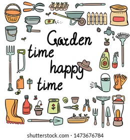 Decorate your texts and photos with hand drawn Vector elements. Doodle set of gardening items. Cartoon symbols. Sketch elements collection: shovel, fork, rake, hoe, truck, boots, gloves and other.