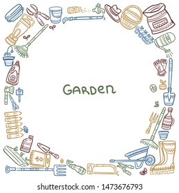 Decorate your texts and photos with hand drawn Vector elements. Doodle set of gardening items. Cartoon symbols. Sketch elements collection: shovel, fork, rake, hoe, truck, boots, gloves and other.
