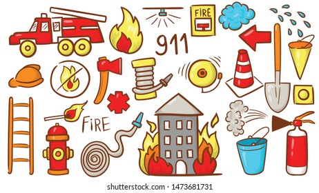 Decorate your texts and photos with hand drawn Vector elements. Firefighting hand drawn doodle vector illustration. Firefighter Freehand Doodle. Extinguisher and Equipment Hand Drawn Elements Set