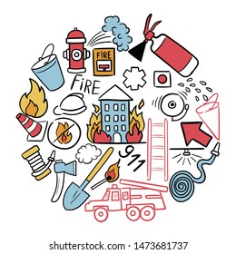 Decorate your texts and photos with hand drawn Vector elements. Firefighting hand drawn doodle vector illustration. Firefighter Freehand Doodle. Extinguisher and Equipment Hand Drawn Elements Set