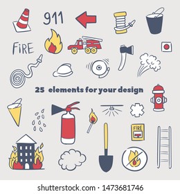 Decorate your texts and photos with hand drawn Vector elements. Firefighting hand drawn doodle vector illustration. Firefighter Freehand Doodle. Extinguisher and Equipment Hand Drawn Elements Set