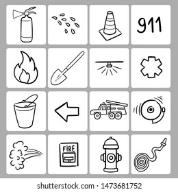 Decorate your texts and photos with hand drawn Vector elements. Firefighting hand drawn doodle vector illustration. Firefighter Freehand Doodle. Extinguisher and Equipment Hand Drawn Elements Set