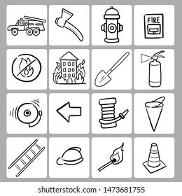 Decorate your texts and photos with hand drawn Vector elements. Firefighting hand drawn doodle vector illustration. Firefighter Freehand Doodle. Extinguisher and Equipment Hand Drawn Elements Set