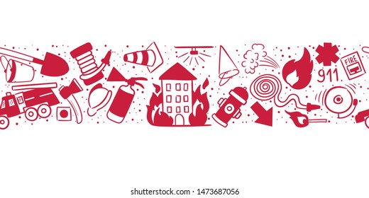 Decorate your texts and photos with hand drawn Vector elements. Firefighting hand drawn doodle vector illustration. Extinguisher and Equipment Hand Drawn Elements Set. Seamless pattern