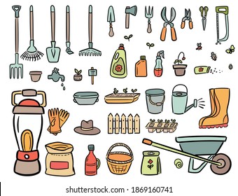 Decorate your texts and photos with hand drawn Vector elements. Doodle set of gardening items. Cartoon symbols. Sketch elements collection: shovel, fork, rake, hoe, truck, boots, gloves and other.