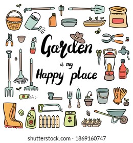 Decorate your texts and photos with hand drawn Vector elements. Doodle set of gardening items. Cartoon symbols. Sketch elements collection: shovel, fork, rake, hoe, truck, boots, gloves and other.