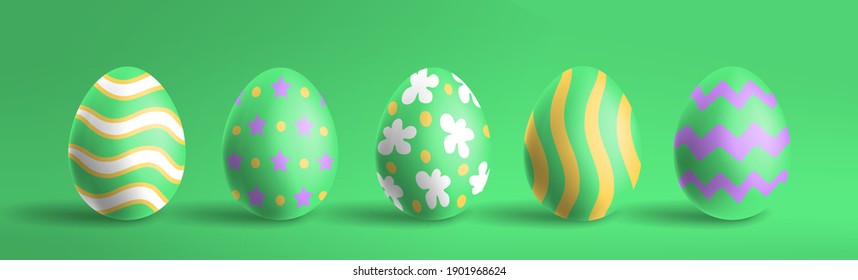 huevos de pascua decorados en 3d ilustraciones vectoriales de fondo verde