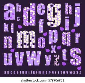 decorated alphabet with drops and petals pattern in purple shades