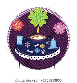 Decorated altar with flowers and candles Dia de muertos Vector