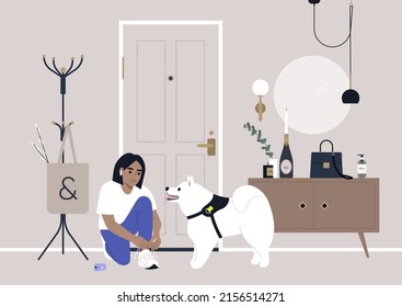 A decorated apartment entryway, a coat rack, and a mirror on the wall, a female character getting ready for a walk with their samoyed puppy